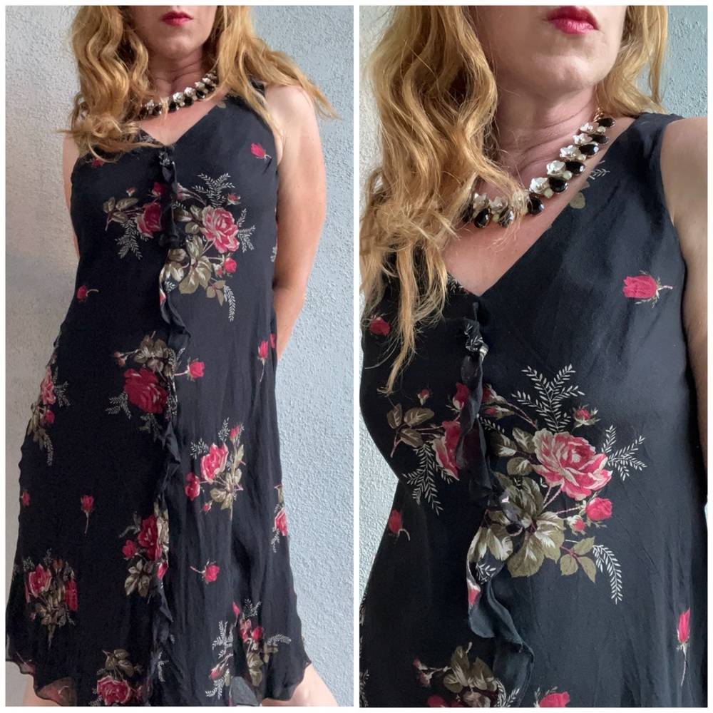 Vintage Lauren Ralph Lauren Black Floral Asymmetrical Silk Ruffled Dress Sz 10